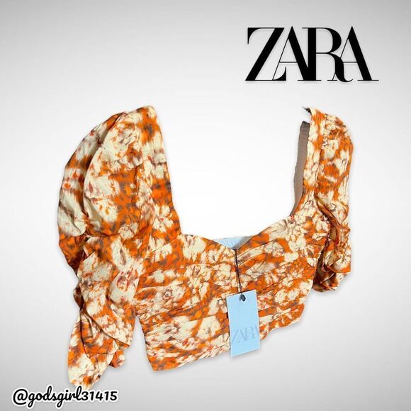 NWT Zara Printed Drape Crop Top Square Neck Orange Floral Sz XS - Picture 5 of 10
